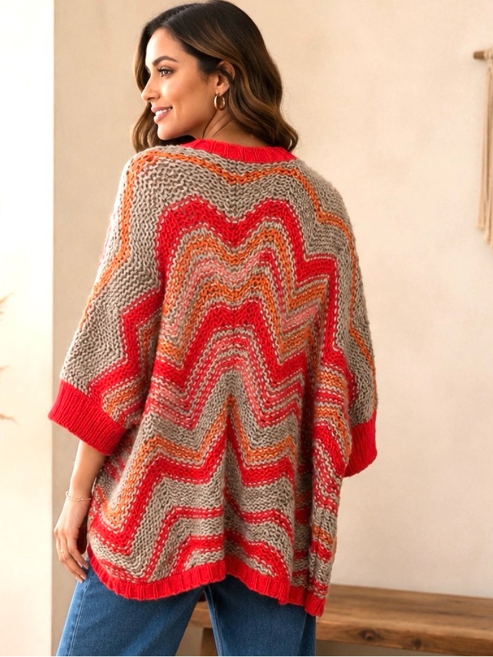 LOFT Orange & Beige Wool Blend Chevron Knit Cocoon Cardigan XS - Picture 4 of 10